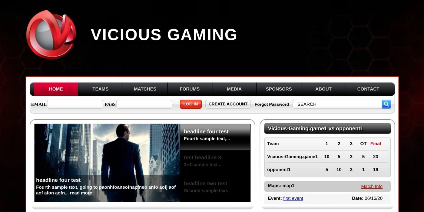 Gaming website homepage with navigation, a news feature, and a match scoreboard
