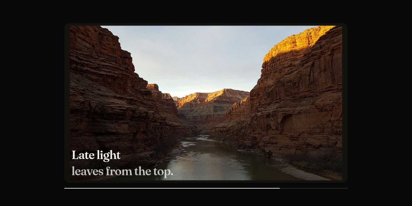 A canyon photograph opening as the page scrolls