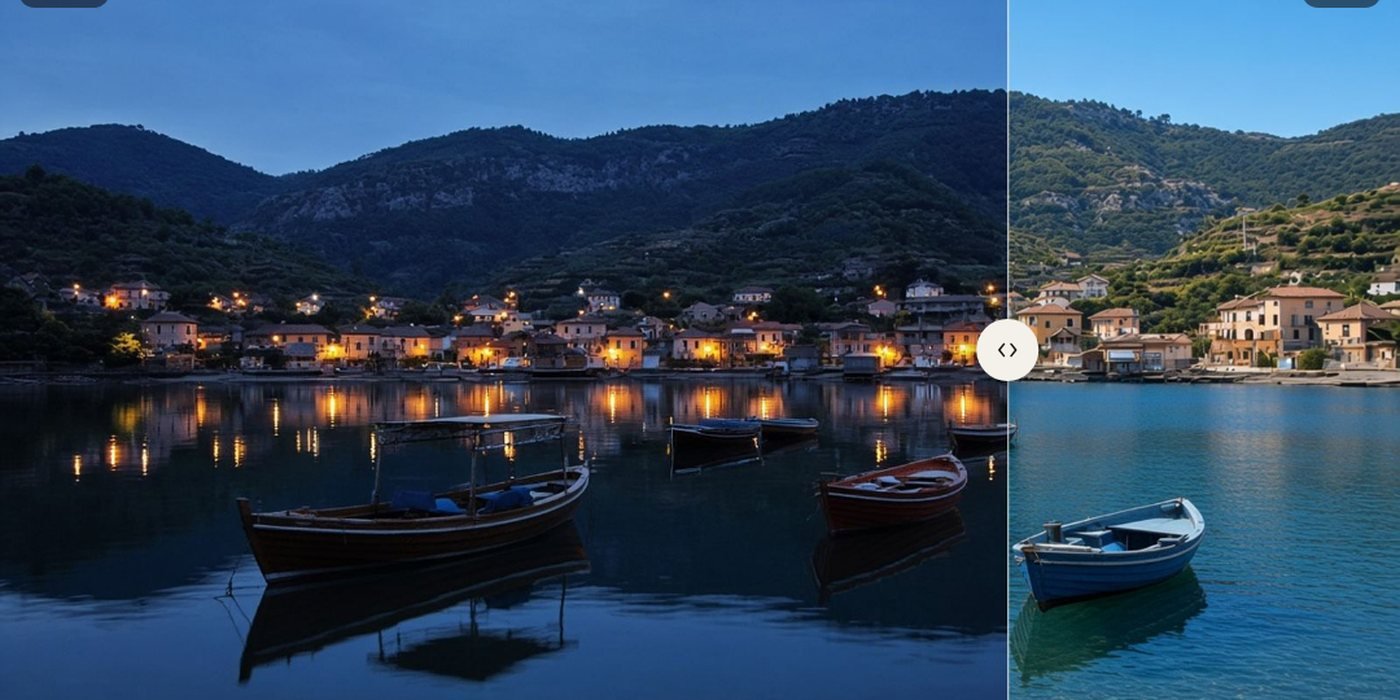 A harbor photograph split by a seam, night on the left and daylight on the right